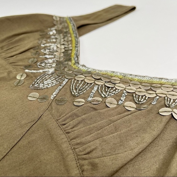 Together Lagenlook Boho Hippie Olive Green Metal Sequin Distressed Ruffled Dress - Picture 4 of 13